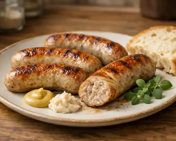 Soczysta kiełbasa z airfryer, idealnie zarumieniona, podana z chlebem, musztardą i chrzanem. Pyszny obiad!