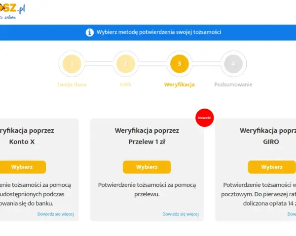 SuperGrosz.pl: wybierz metodę weryfikacji tożsamości, np. przelew 1 zł. Ułatwia to supergrosz wcześniejsza spłata.