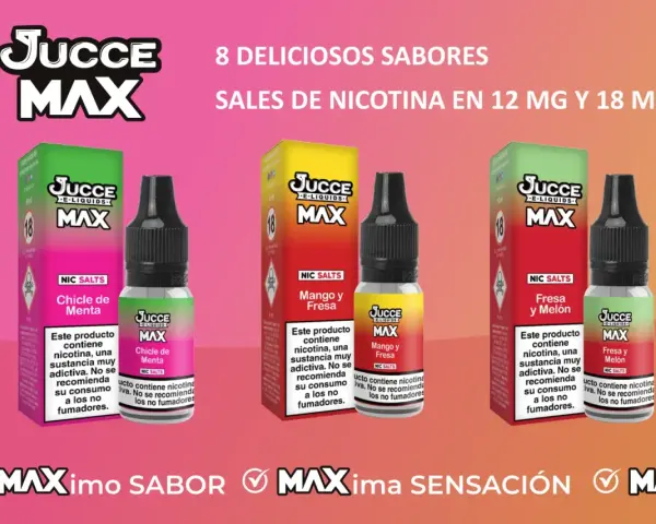Tres botellas de e-juice Juccé Max con sabores Chicle de Menta, Mango y Fresa, y Fresa y Melón.