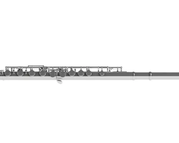 Srebrna flet poprzeczny, jeden z instrumentów muzycznych, z widocznymi klapami i otworami.