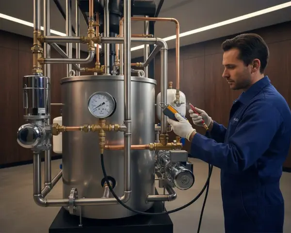 Tecnico controlla un complesso impianto idraulico. Valuta il **costo sostituzione scambiatore caldaia** per ottimizzare l'efficienza.