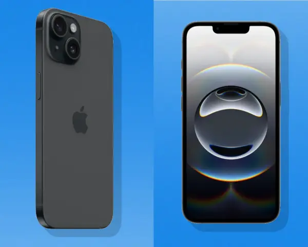 Zwei iPhones, eines von hinten mit Kameras, das andere von vorne mit Wallpaper.