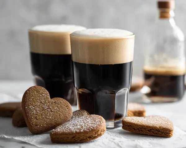 Två glas mörkt kaffe med skummande topp, omgivna av hjärtformade pepparkakor. Kanske en fika från Kaffe Karlsson?