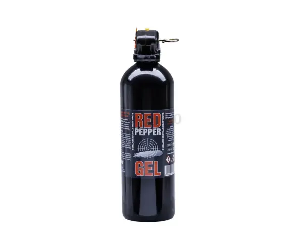 Czarny spray z gazem pieprzowym "Red Pepper Gel" z etykietą i dyszą.
