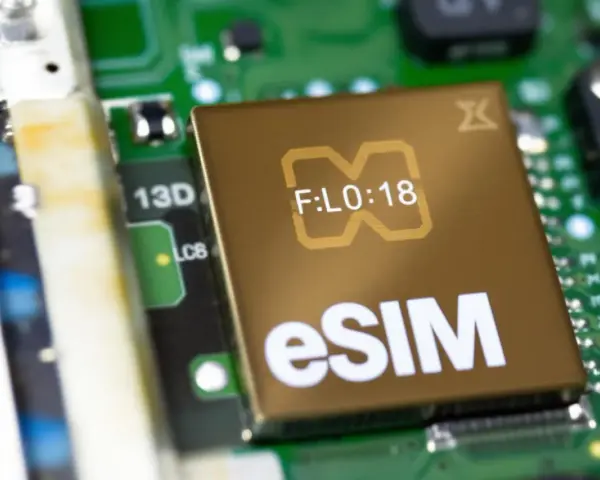 Närbild på ett gyllene chip med texten "eSIM" och en stiliserad symbol. Detta digitala simkort är en del av ett kretskort.