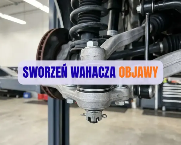 Widok na zawieszenie samochodu z widocznym sworzniem wahacza. Napis "SWORZEŃ WAHACZA OBJAWY" informuje o problemach z tym elementem.