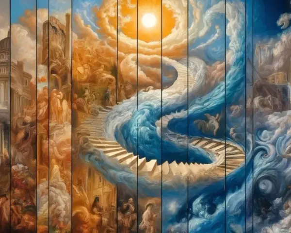 Un escalier céleste serpente à travers des nuages bleus et dorés, dans un style de peinture onirique. Des figures mythologiques flottent dans ce paysage éthéré.