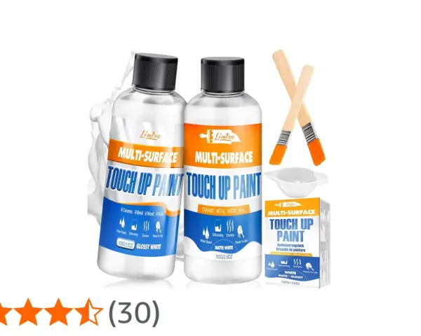 Dos botellas de barniz de retoque multi-superficie, dos pinceles y un recipiente. Ideal para reparaciones rápidas.