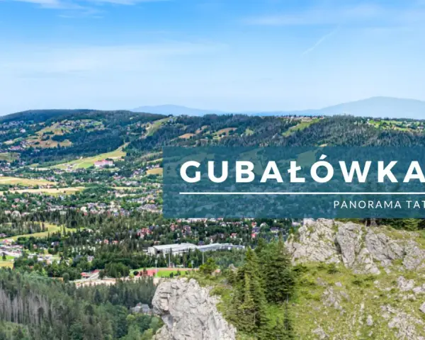 Widok na Gubałówkę z panoramą Tatr. Widać zabudowania, lasy i góry w oddali.