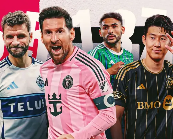 Cuatro jugadores de la MLS: Thomas Müller, Lionel Messi, un jugador de Austin FC y Son Heung-min, listos para la acción.