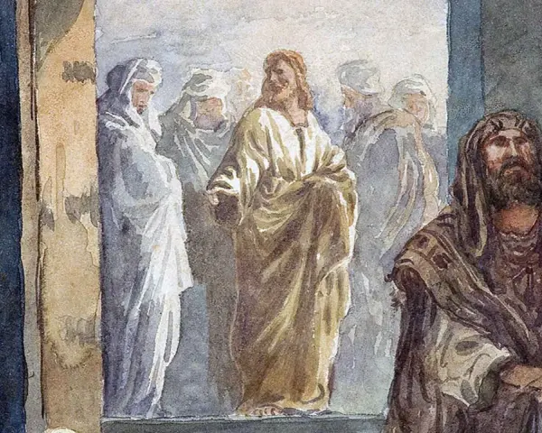 Jezus w złotej szacie przemawia do ludzi, przypominając o głównych prawdach wiary. Obok stoi mężczyzna w brązowym płaszczu.