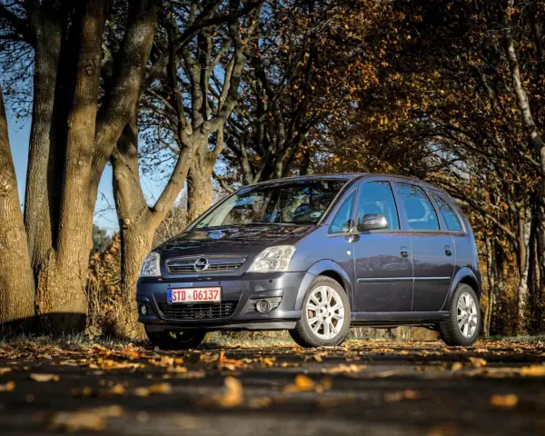 Ein dunkelgrauer Opel Meriva 2009 steht auf einem herbstlich gefärbten Weg, umgeben von Bäumen mit gelben Blättern.