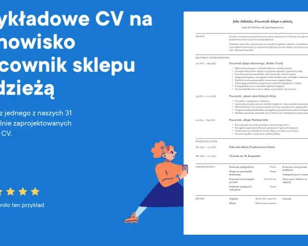 CV pracownika sklepu odzieżowego z profilem, historią zatrudnienia i umiejętnościami.