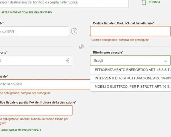 Compilazione bonifico: causale detrazione impianto elettrico, inserimento IBAN, importo e codice fiscale.
