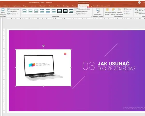 Prezentacja PowerPoint z pytaniem "Jak usunąć tło ze zdjęcia?". Widoczny laptop z logo "Tworzenie Prezentacji" oraz menu formatowania obrazu, pomocne przy tworzeniu bibliografii.