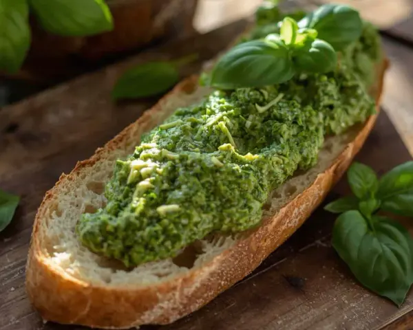 Fetta di pane croccante con abbondante pesto di zucchine e basilico fresco, su tagliere di legno.