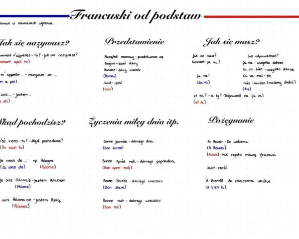 Zeszyt do samodzielnej nauki francuskiego: zwroty powitalne, pytania o imię, pochodzenie, samopoczucie i pożegnania.