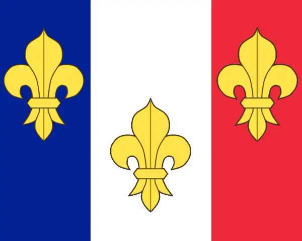 Bandera del reino de Francia con tres flores de lis doradas sobre franjas verticales azul, blanca y roja.