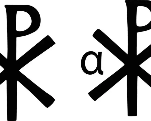 Zwei schwarze Symbole auf weißem Grund. Links ein Chi-Rho-Symbol, rechts ein Chi-Rho mit Alpha und Omega. Die Chi Rho bedeutung ist tiefgründig.