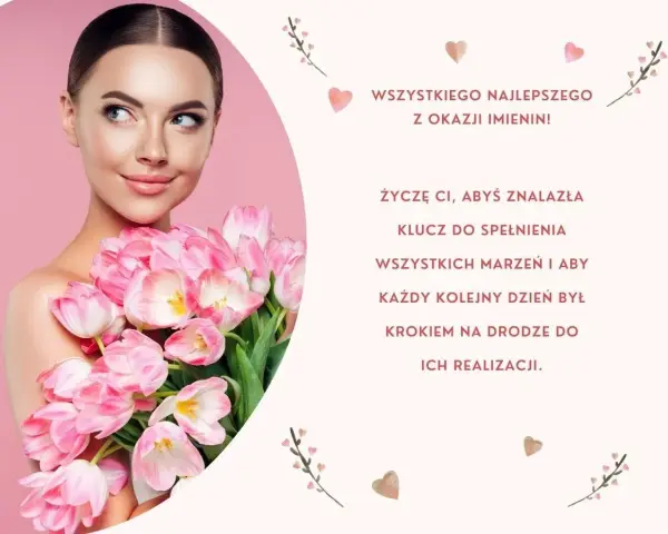 Gotowe życzenia imieninowe: piękna kobieta z bukietem różowych tulipanów, życzenia spełnienia marzeń.