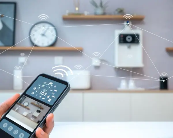 En hand håller en smartphone med en smart life app. I bakgrunden syns ett kök med uppkopplade enheter.