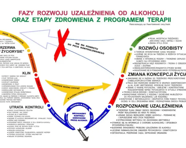 Schemat faz rozwoju uzależnienia od alkoholu i etapów zdrowienia. Opisuje objawy odstawienia alkoholu, od picia towarzyskiego do śmierci.