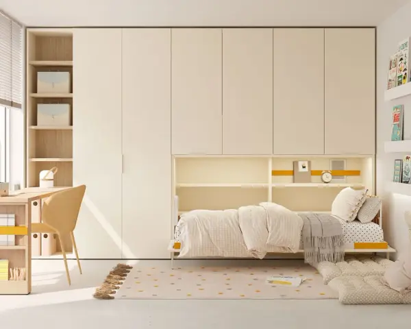 Acogedora habitación juvenil con cama, escritorio y amplios armarios. Un espacio ideal para estudiar y descansar.