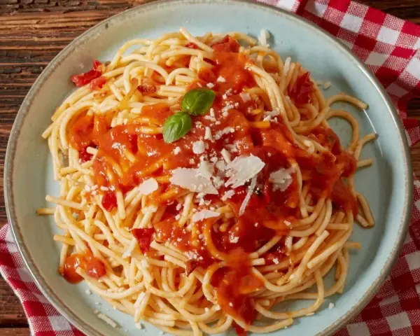 Pyszne spaghetti z sosem pomidorowym, parmezanem i bazylią. Czy to Makaron Barilla czy De Cecco? Trudno odróżnić!