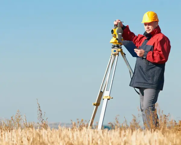 Geodeta w żółtym kasku pracuje z tachimetrem w polu. Zastanawiasz się, ile geodeta bierze od punktu?
