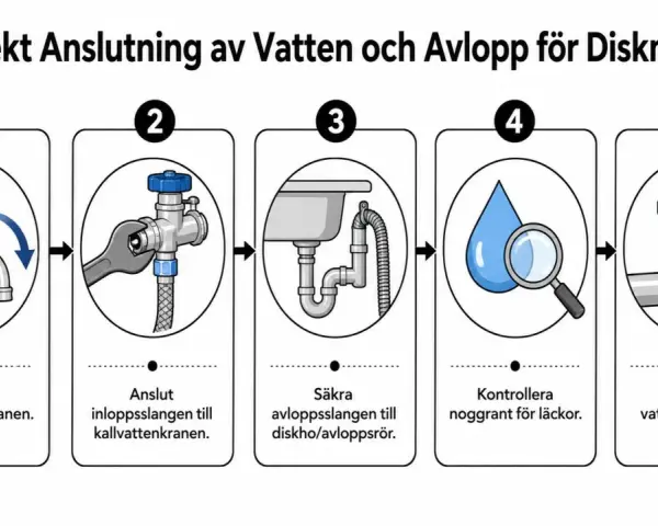 Steg-för-steg-guide för att installera diskmaskin: stäng av vatten, anslut slang, säkra avlopp, kontrollera läckor, öppna vatten.