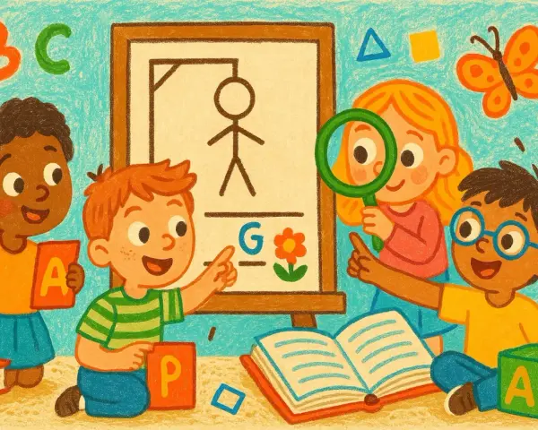Niños aprenden con alegría. Un niño señala la letra "G" en un tablero, otro sostiene la "A", mientras una niña usa una lupa. ¡Una escena de iniciación a la lectura!