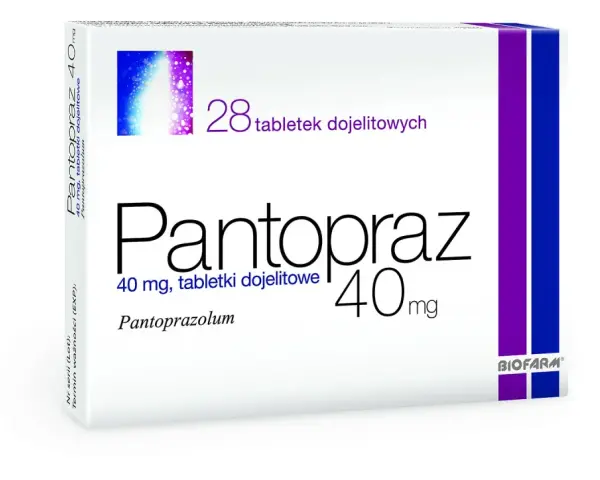 Opakowanie leku Pantoprazol 40 mg, zawierające 28 tabletek dojelitowych.
