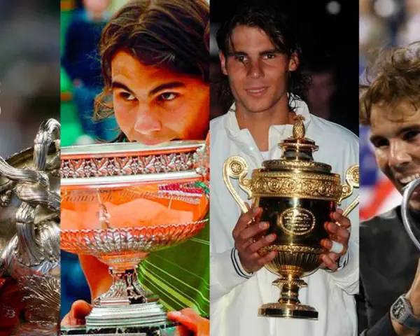 Rafael Nadal celebra sus grand slams, mostrando la gloria de sus victorias en el tenis.