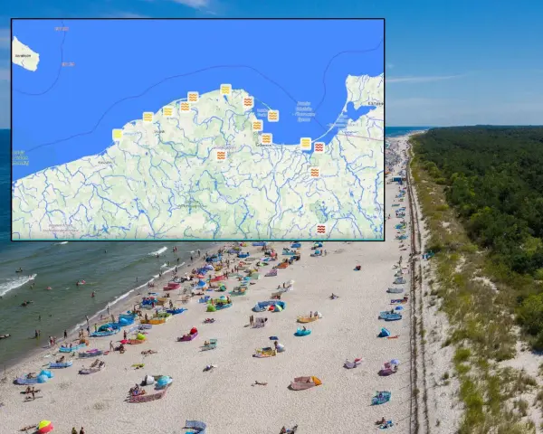 Mapa pokazuje, gdzie najcieplej nad morzem. Widać plażę pełną ludzi i parawanów.