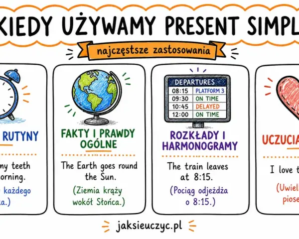 Present simple zasady: nawyki (budzik), fakty (Ziemia), rozkłady (pociąg), uczucia (serce).