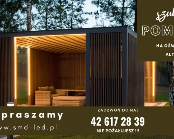 Nowoczesna altana z drewnianymi ścianami i oświetleniem LED. Szukasz pomysłu na oświetlenie altany? Zadzwoń!