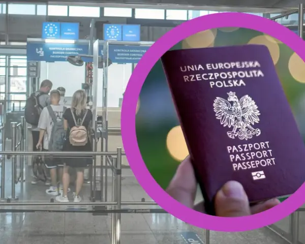 Paszport UE w dłoni, a w tle kolejka do kontroli granicznej. Czy do Wielkiej Brytanii trzeba mieć paszport? Sprawdź zasady wjazdu.