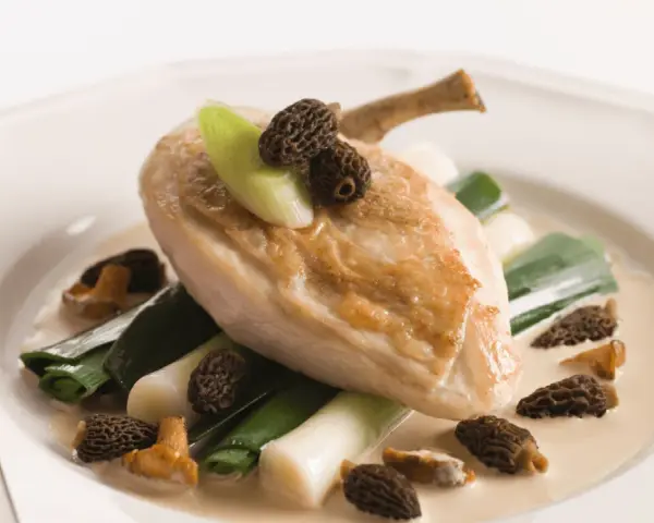 Un délicieux poulet aux morilles, servi avec des poireaux tendres dans une sauce crémeuse.