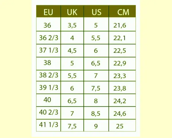 Tabela rozmiarów obuwia: 8,5 US to 40 2/3 EU i 24,6 cm.