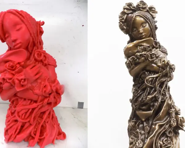A red 3D printed model of a girl holding flowers, ready for casting, compared to the finished bronze sculpture.
