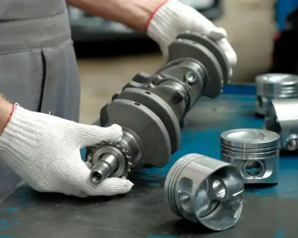 Mechanik w białych rękawiczkach trzyma wał korbowy, obok leżą tłoki. Uszczelniacz na wale jest kluczowy dla silnika.