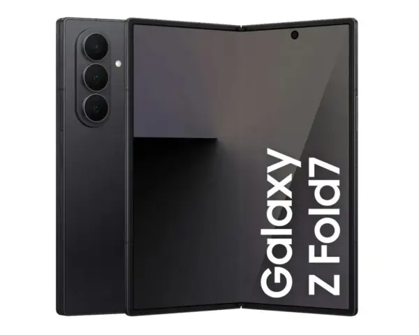 Svart vikbar telefon, Galaxy Z Fold7, med tre kameror på baksidan. En perfekt kopiera telefon för framtiden.