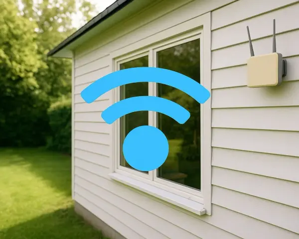 Ein WLAN-Symbol über einem Fenster und ein Router an der Hauswand signalisieren: Internet im Garten ist möglich.