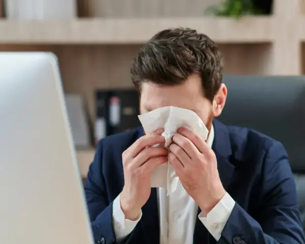 Hombre con traje se suena la nariz con un pañuelo, preocupado por un posible despido por faltar al trabajo.