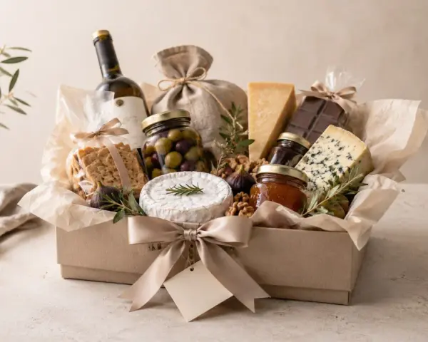 En lyxig presentkorg fylld med ost, kex, oliver, marmelad, choklad och vin. Perfekt för en gourmand.