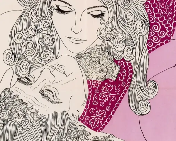 Dessin d'un homme et d'une femme enlacés, aux cheveux bouclés. L'homme, au regard clos, semble inspirer une **sade ecrivain** qui le contemple tendrement.