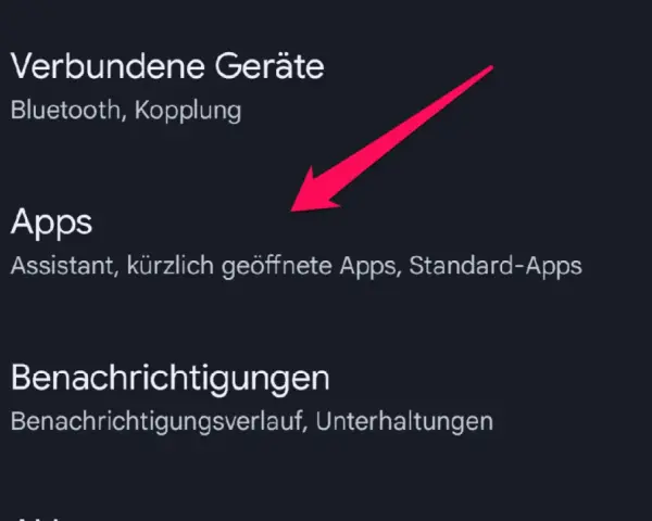 Android-Menü mit hervorgehobener Option "Apps" und Pfeil.