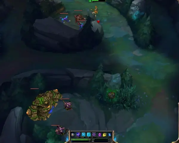 Widok z gry League of Legends na mapie Summoner's Rift, z potworami i graczami.