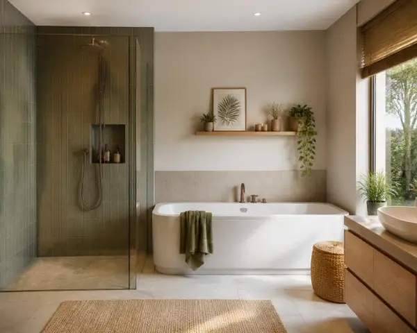 Salle de bain moderne avec douche vitrée, baignoire spacieuse pour un bain relaxant de plusieurs litres, et lavabo en pierre naturelle.