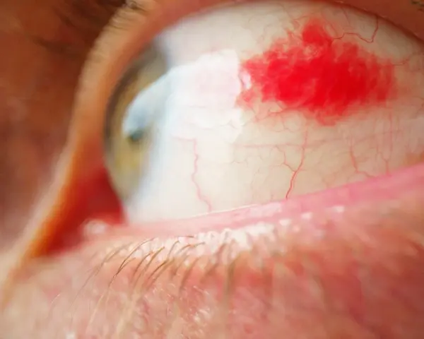Un occhio umano con la sclera arrossata e una macchia di sangue visibile. Le ciglia sono sfocate in primo piano, mentre l'iride verde-marrone è parzialmente visibile.